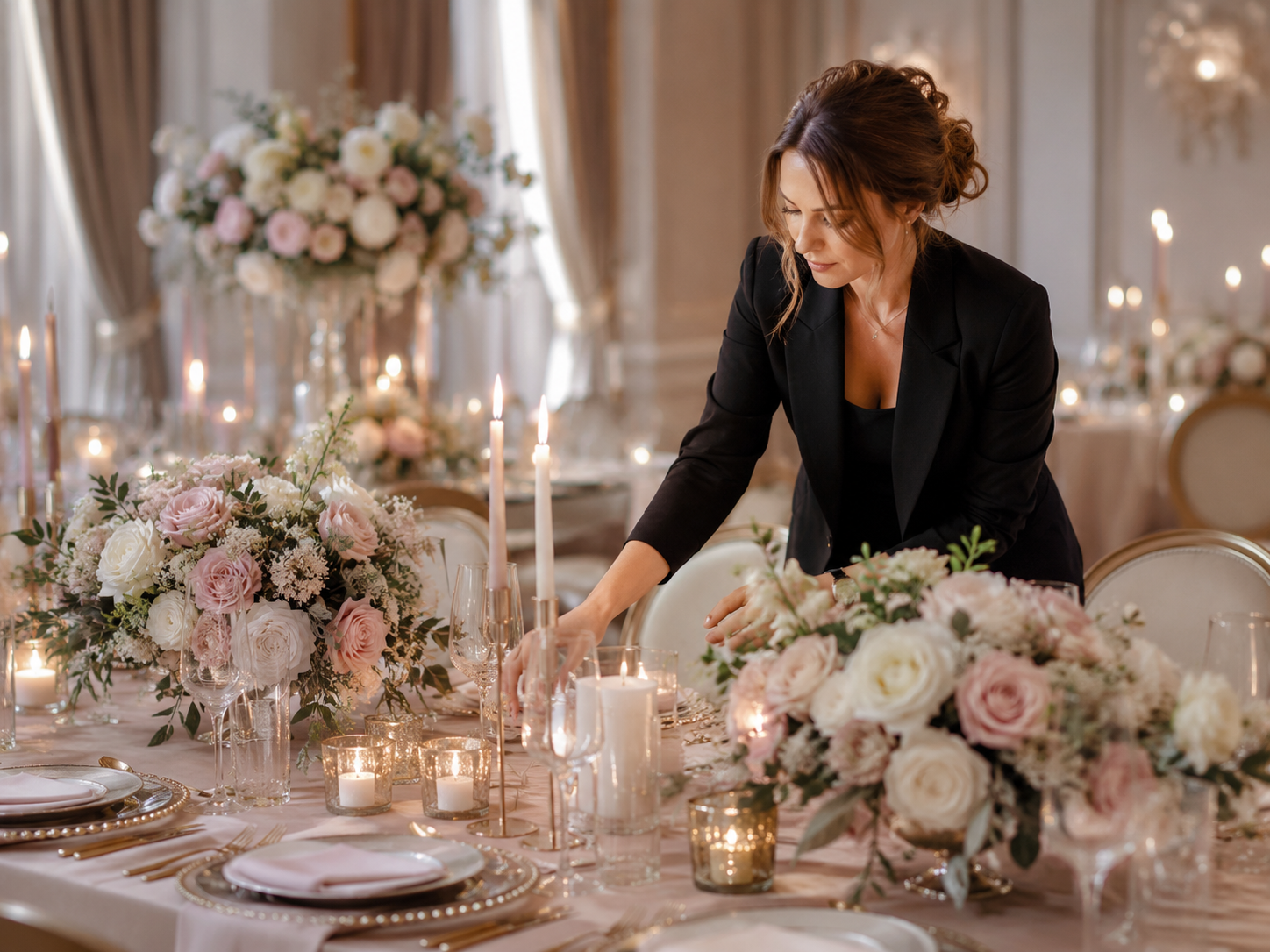 Event planner preparing a luxury floral reception table