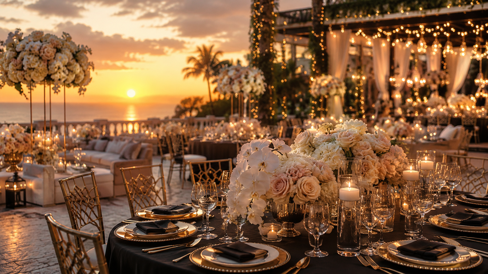 Luxury sunset wedding reception terrace with candles and flowers
