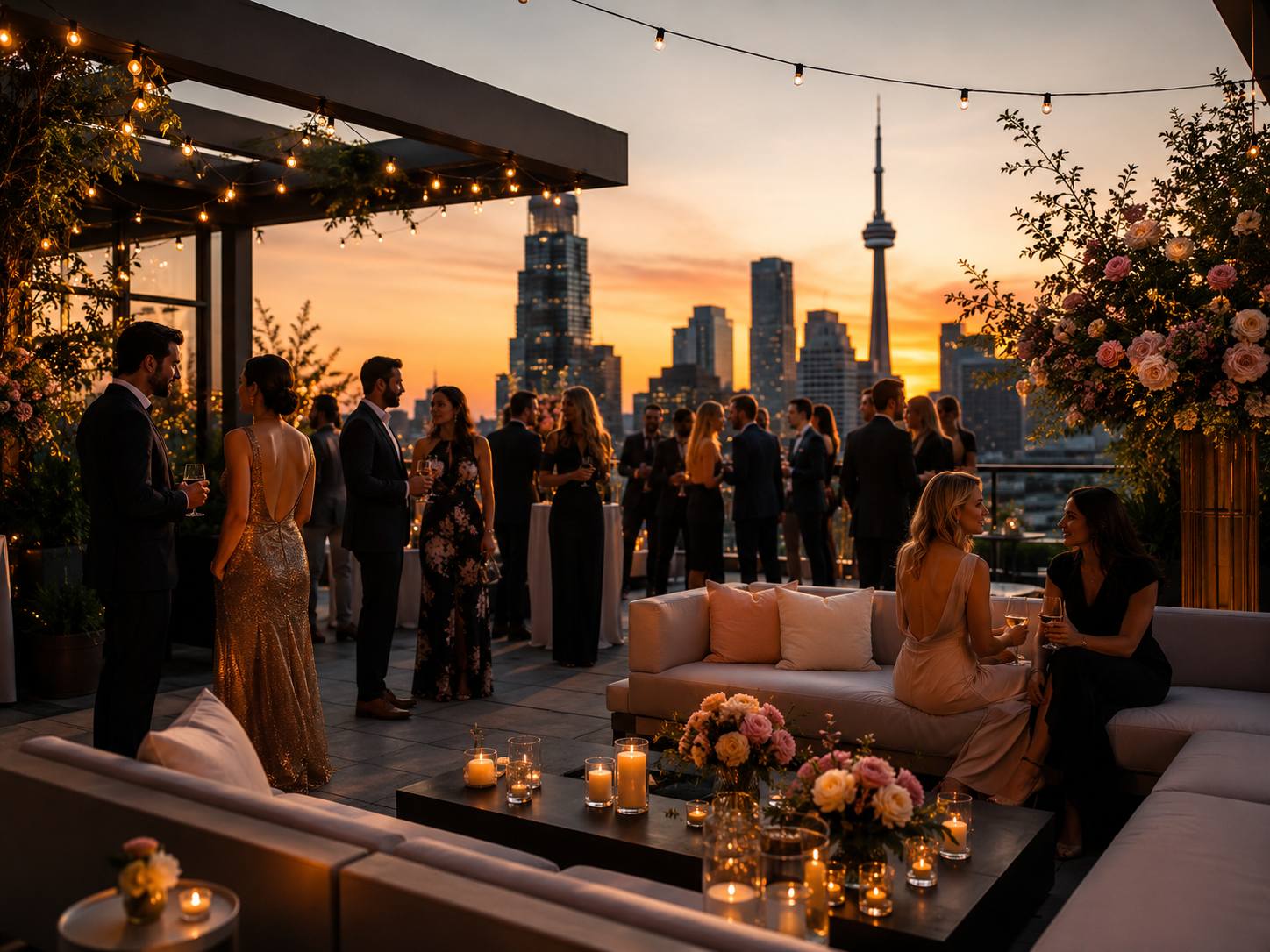 Elegant rooftop cocktail party with skyline views